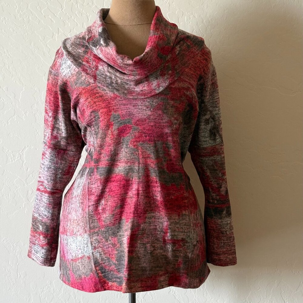 David Cline "Guava" Cowl Neck Top. Size S. Red/Grayi/Brown.